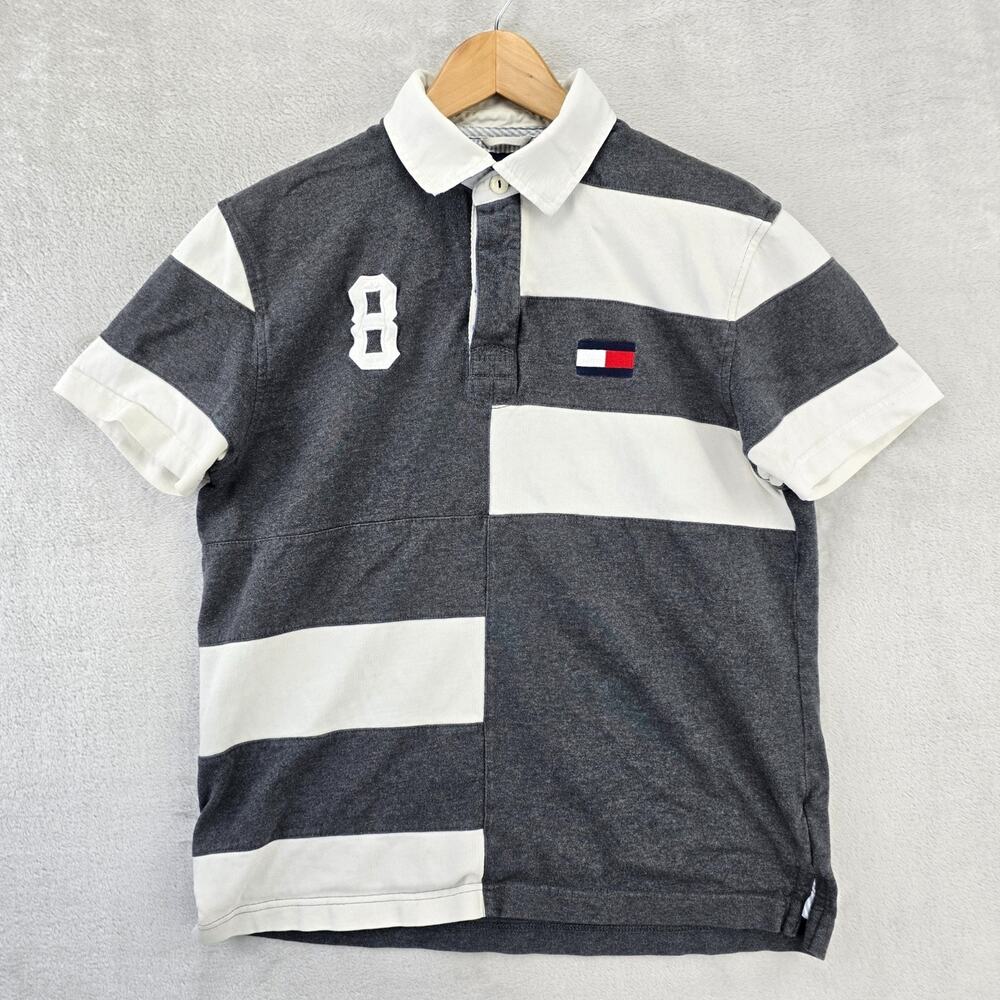 Tommy Hilfiger Rugby Polo Shirt Mens Medium Gray Short Sleeve Colorblock Y2K